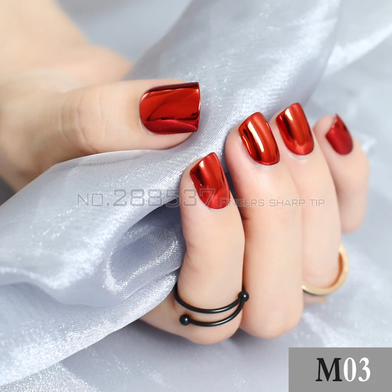 short Blue metal Fake nail Silver Punk Solid color pink long metal False Nails Red Full Nails Bright side mirror golden