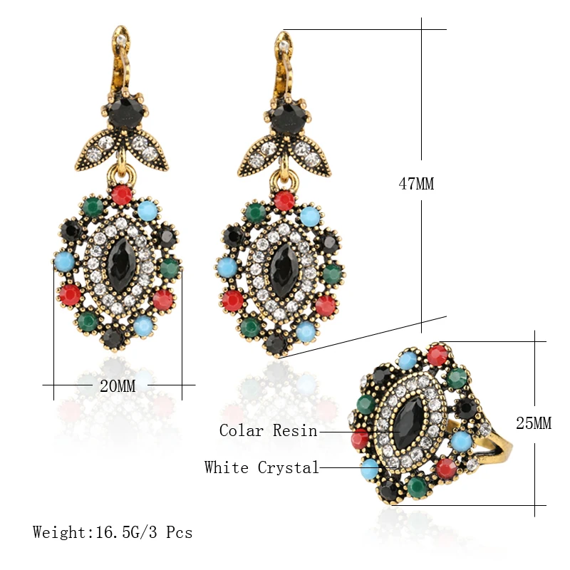 2 Pcs/lot Ethnic Turkish Jewelry Sets Vintage Colorful Resin Gold Ring Earrings For Women Crystal Statement Accessories