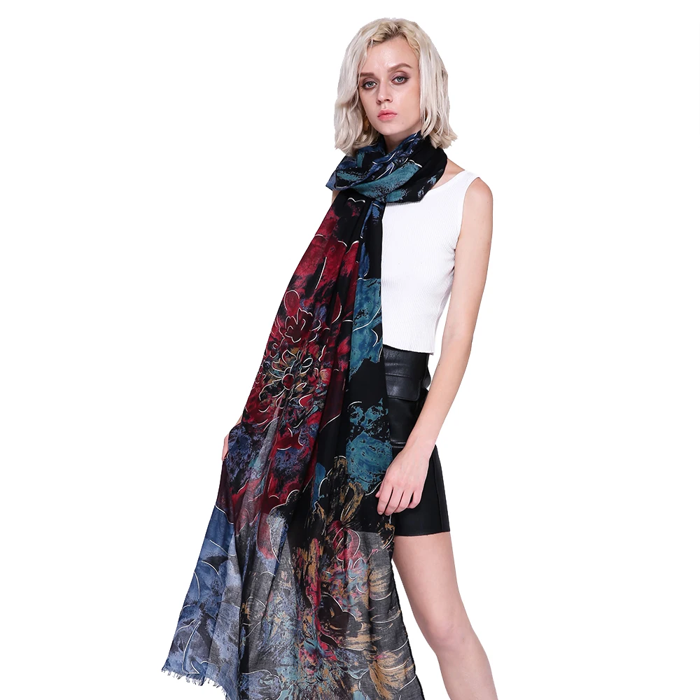 2019 Fashion Cotton Big Ombre Floral Print Scarves Shawl Beautiful Silver Foil Flower Wrap Scarf  Muffler Hijab Free Shipping