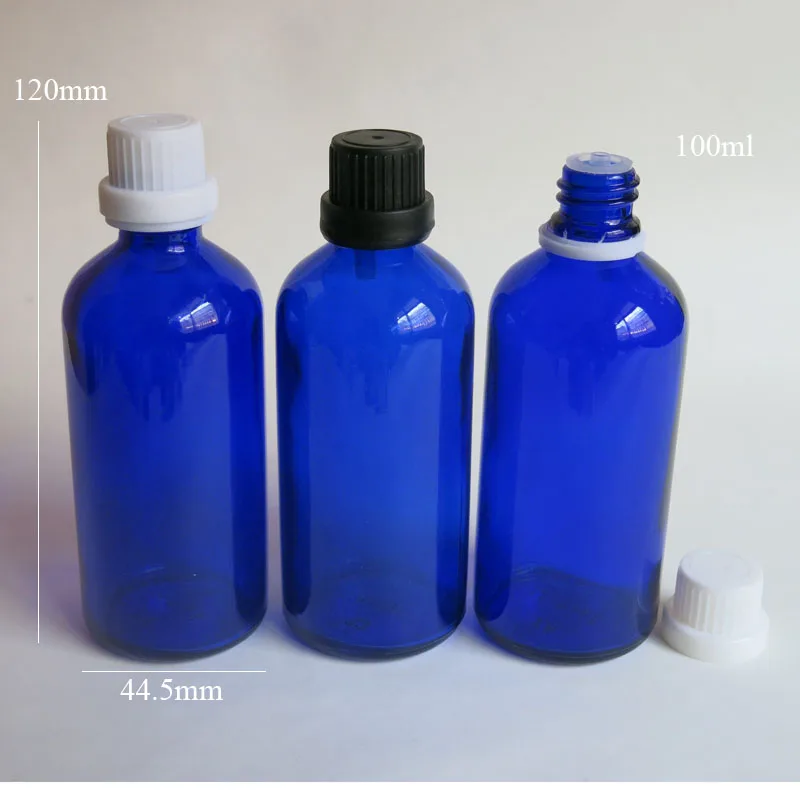 wholesale 100 Pcs 100ml Blue Empty Essential Oil Glass Bottle With Insert & Childproof Tamper Evident Cap