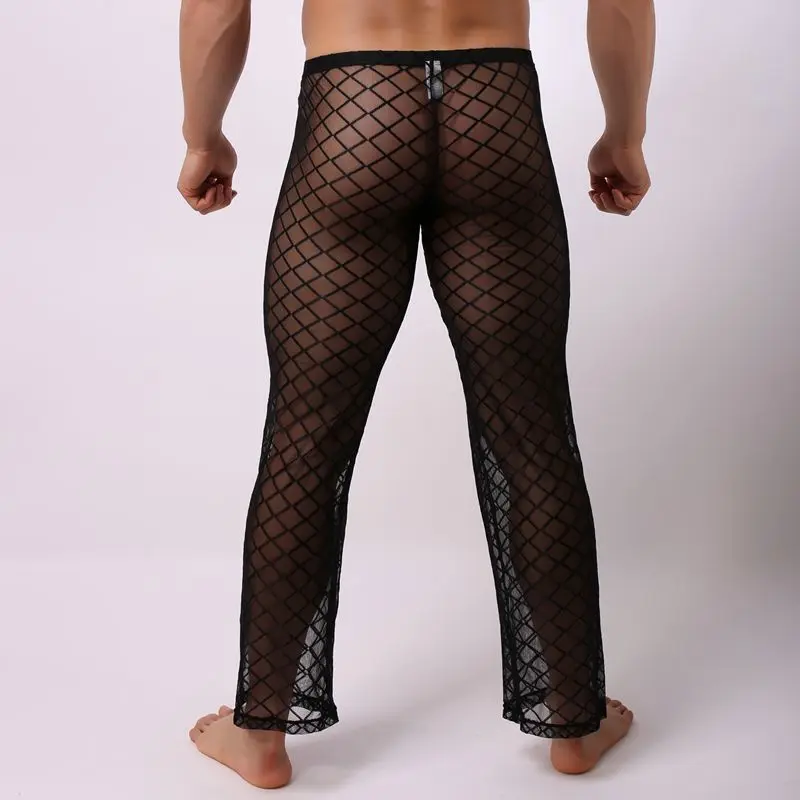 Diamond Pants Sexy Transparent Breathable Mesh Pajamas Trousers Night Wear For Mens Sleepwear Ropa De Dormir Hombre See Through