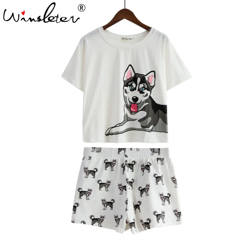 Husky Print Women Pajama Sets 2 Pieces Set Crop Top + Shorts Loose Elastic Waist Shorts Dog Print Lounge pijama S73104