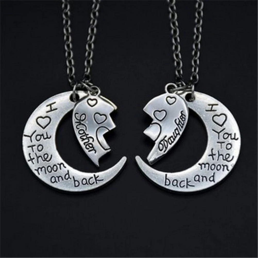 2Pcs I Love You to the Moon and Back Mother Daughter Heart Necklace Pendant Gift