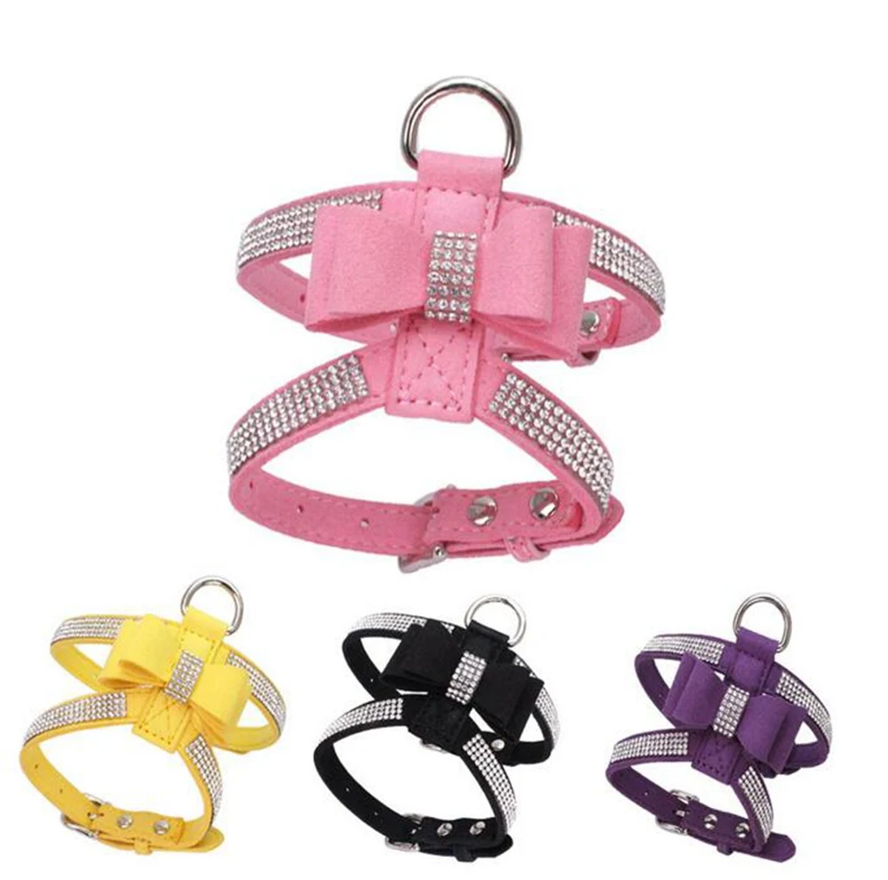 Soft PU Leather Bowknot Dog Harness Bling Rhinestones for Small Medium Dogs S-L