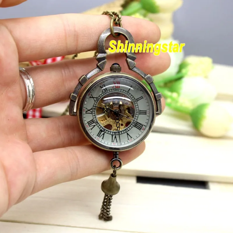 Steampunk Mechanical Pocket Watch Vintage Bronze Fob Pocket Clock Glass Ball Roman Numeral Mini relogio de bolso mecanicas 2020