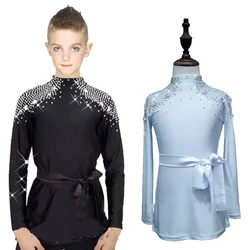 New Latin Dance Shirts Boys Children Black Fabric Rhinestone Shirt Ballroom Tops Boy Male Professional Competition Clothes N7001