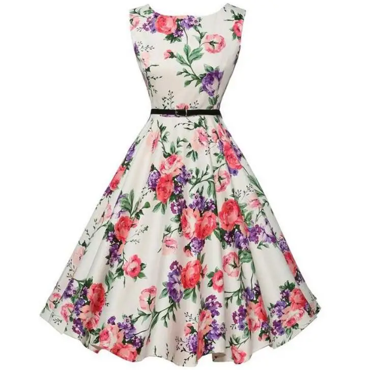 Retro Summer Dress Women 2019 O-Neck Audrey Hepburn Vintage Floral printing Dress Party Dresses Plus Size vestido 3XL