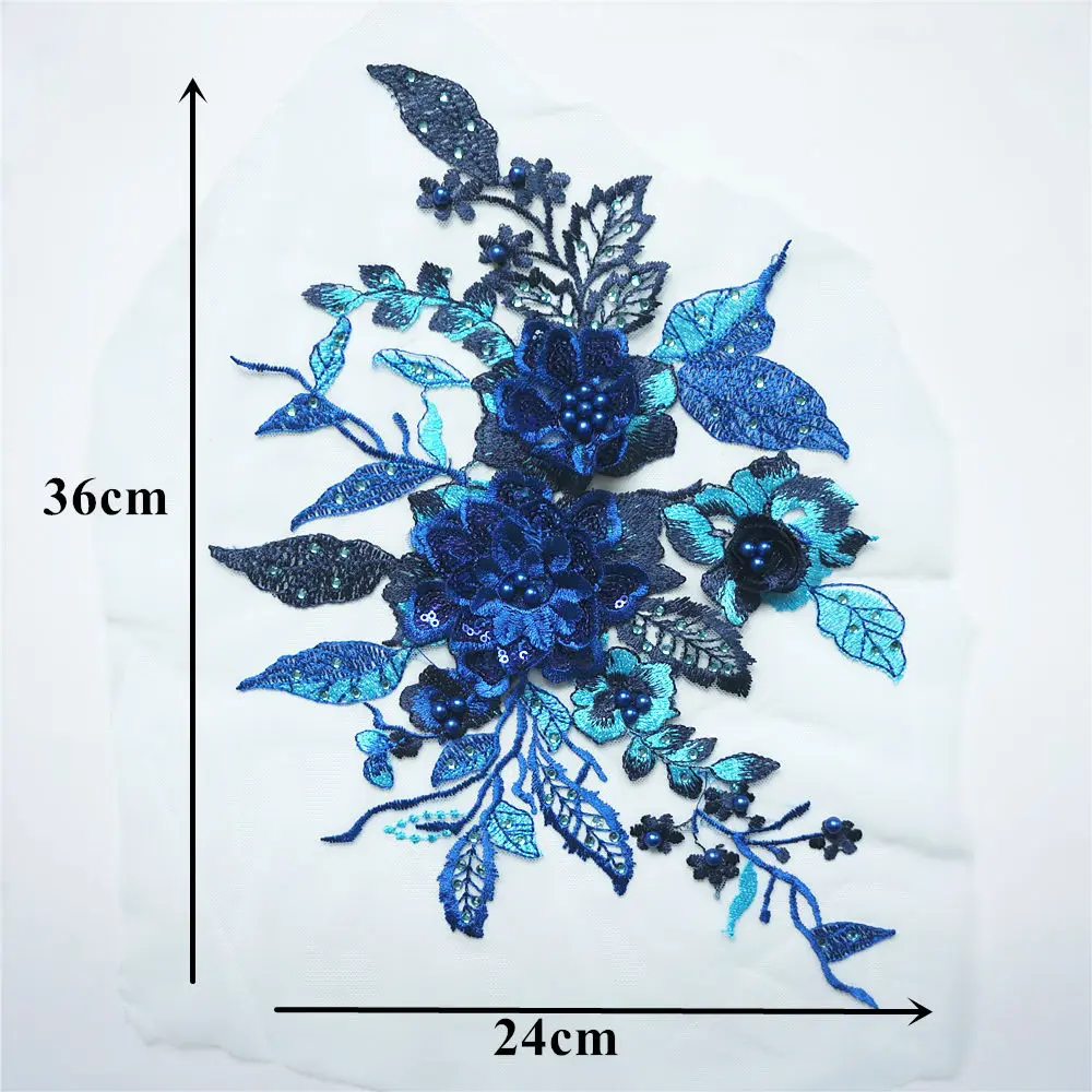 Royal Blue Embroidery Lace Rose Flower Beads Rhinestone Sequins Applique Sewing Patch Collar Wedding Gown Dress DIY Crafts