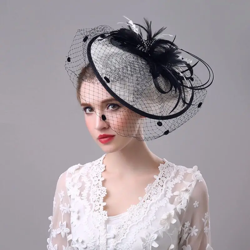 2019 Women Wedding Hats Chic White and Black Flower Feather Headpiece Face Veils Party Gifts Bridal Hat and Fascinators