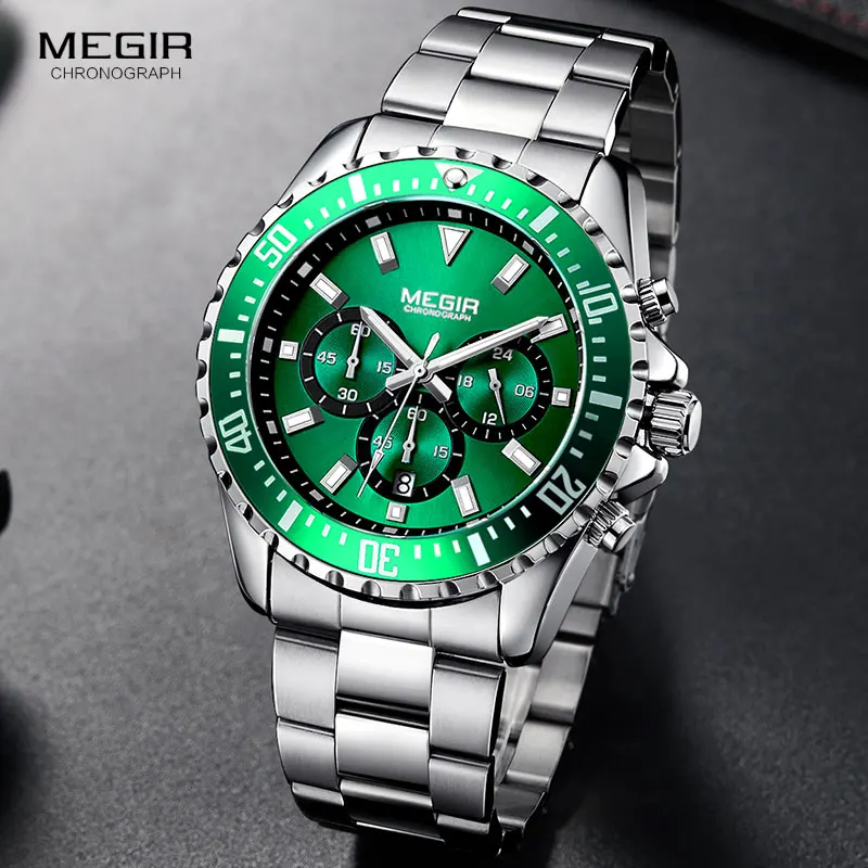 MEGIR Men\'s Chronograph Quartz Watches Stainless Steel Waterproof Lumious Analogue 24-hour Wristwatch for Man Green Dial 2064G-9