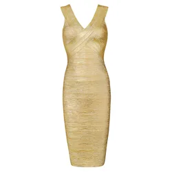 HQBORY Women's Sexy Wholesale Gold Metallic Party Kknee Llength Bbandage Ddress Sleeveless