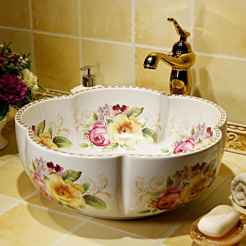 

China Painting rose Ceramic Painting Art Lavabo Bathroom Vessel Sinks Round countertop decorative sink bowls bathoom sinks