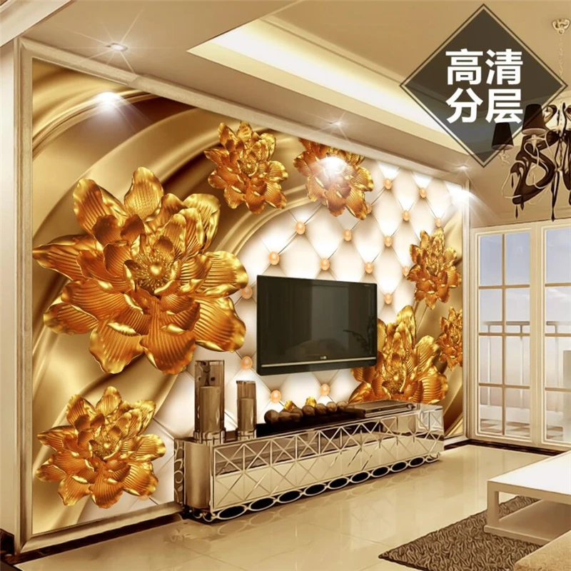 

beibehang Custom Wallpaper Home Decorative Mural 3d Luxury Gold Peony Flower Soft Bag Jewelry TV background wall 3d Wallpaper