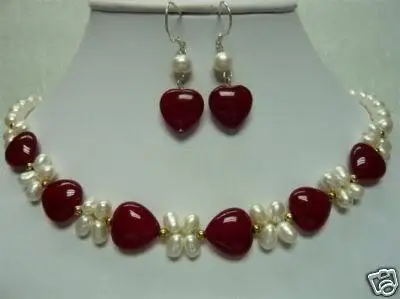 

Nobby white Freshwater cultured pearl & red heart jade necklace 18" & earring