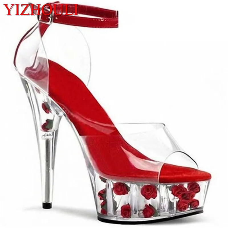 

15CM high heels, transparent rose platform.Open - toed woman with high heels evening shoes crystal sandals