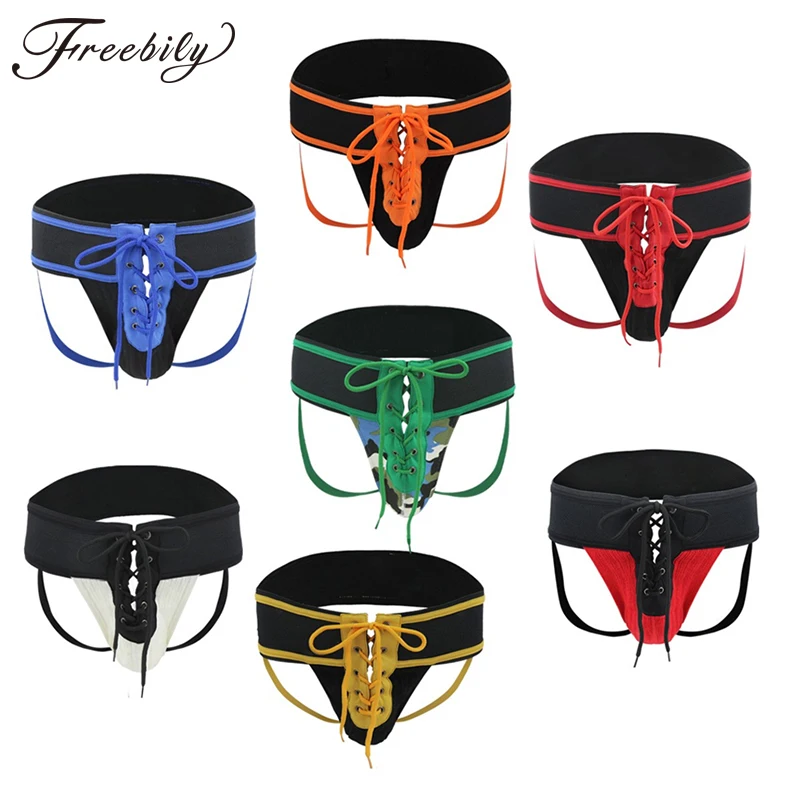 Mens Jockstrap Underwear Footballer Lace Up Waistband Front Lacing Drawstring Sexy Sissy Lingerie Men's Thongs String Homme