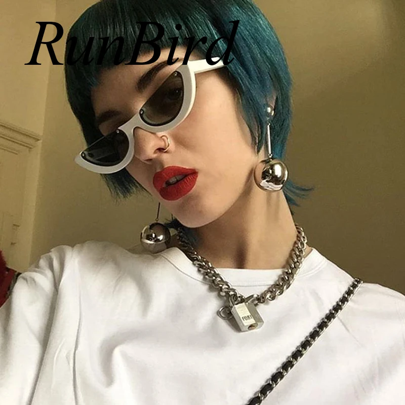 RunBird Vintage Half Frame Sunglasses Women Cat Eye Small Size Black Colorful Transparent Sunglasses Female Male UV400 1077R