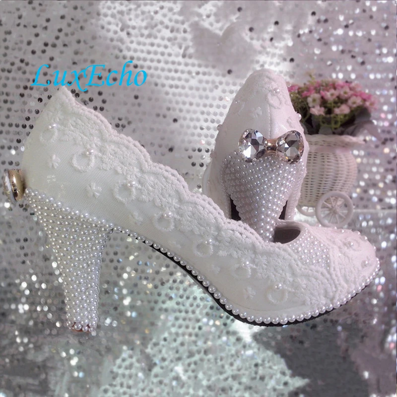 Lace flower wedding shoes woman high-heeled platform shoe white pearl crystal bow bridal shoes bridesmaid shoes women\'s Pumps