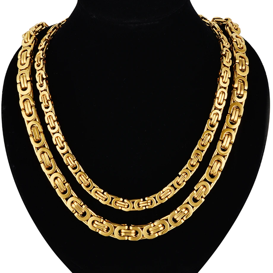 8mm Men\'s Thick Chain Stainless Steel Long Gold Color Byzantine Link Chain Necklace Hip Hop Jewelry Dropshipping Wholesale