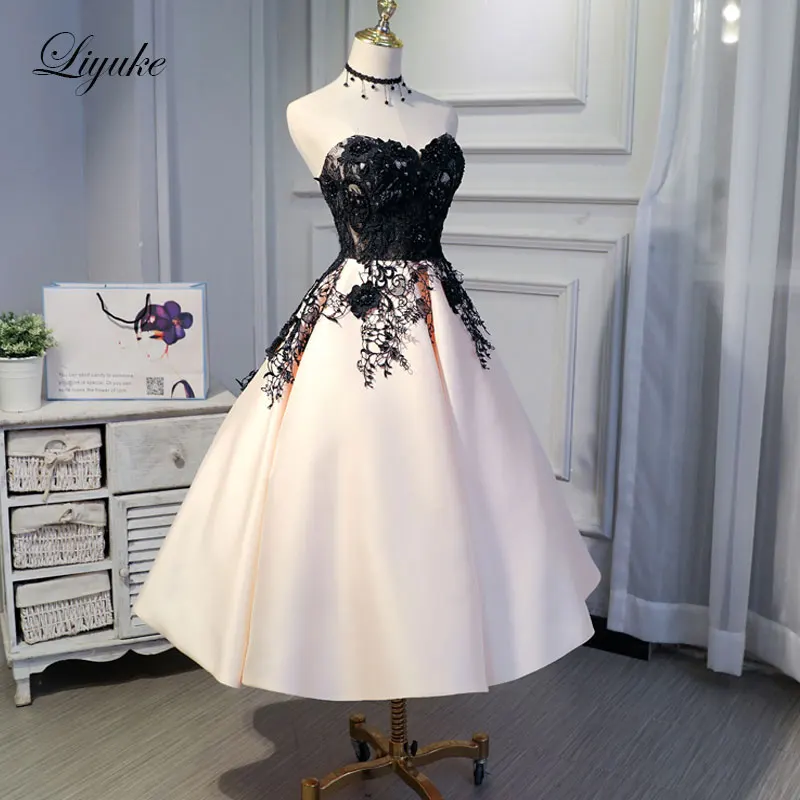 Liyuke Ruched Mix Black Custom Made New Prom Dress A Line Strapless Party Dress Knee-Length Lace Up Formal Dresses