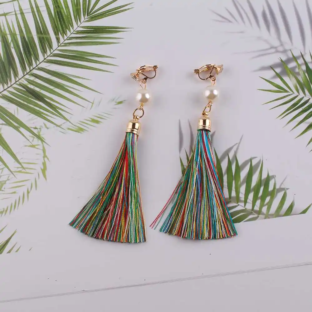 JIOFREE vintage Ethnic Fringe Tassel pearl long clip earrings Without Piercing for Women Earings Fashion Jewelry Bijoux Femme