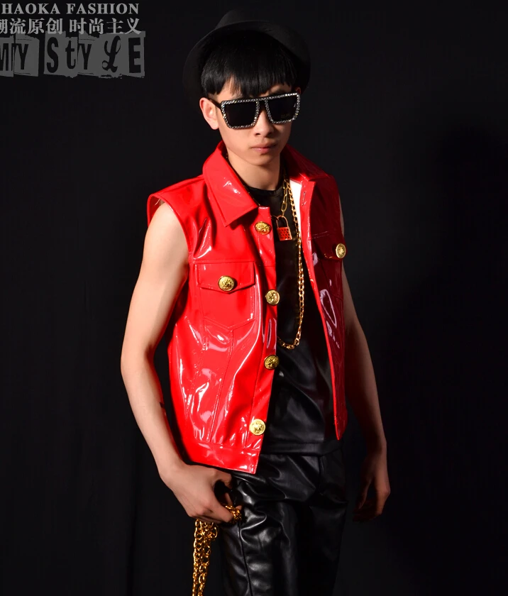 2021 New Korean Fashion Slim Red Paint Leather Vest Style Dance Ds Stage Club Bar Singer Performance Apparel Singer Costumes