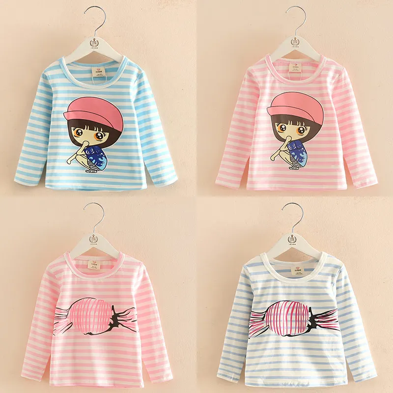 

2024 Spring Autumn 2-10 Years Children'S Clothing Long Sleeve Kids Candy Color Cartoon Sweet Candy Girl Stripe Basic T-Shirt