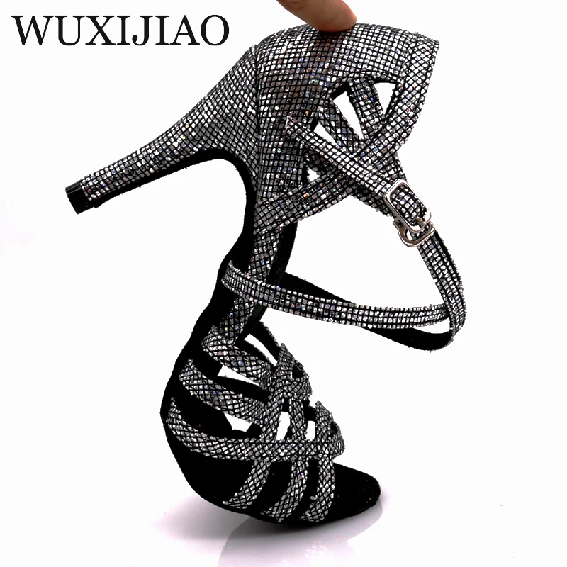 WUXIJIAO Women Party Dance Shoes  Satin Shining rhinestones Soft Bottom Latin Dance Shoes Woman Salsa Dance Shoes heel5CM-10CM