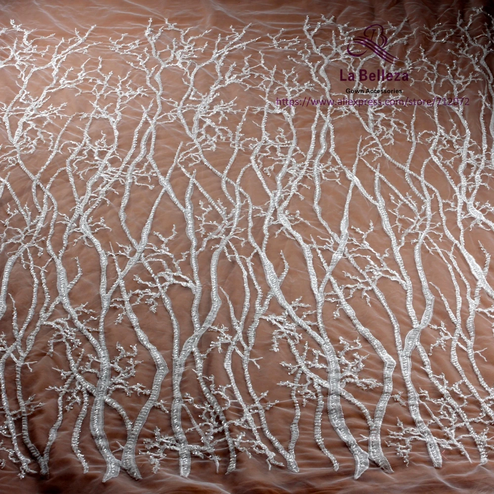 La Belleza 1 yard off white pink/silver/Purple/tree pattern handmde beaded bridal lace fabric 47