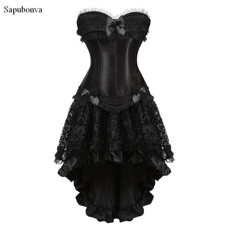 Sapubonva burlesque corset and skirt set lace corset dress Gothic gowns corsets and bustiers party plus size vintage sexy black