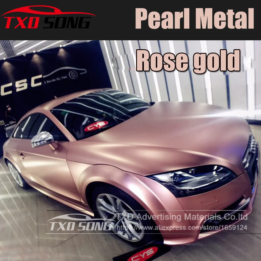 

5x59FT(1.52*18meters) Premium Rose Gold Satin Metallic Car Wrap Vinyl Chrome Vinyl Bubble Free pearl metal chrome rose gold film