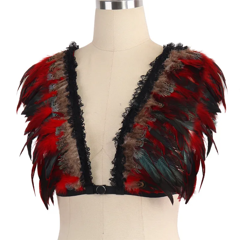 JLX.HARNESS Womens Angel Red feather bra Body Harness top Shawl cape Goth Gypsy Feather Wedding Wing Festival Rave