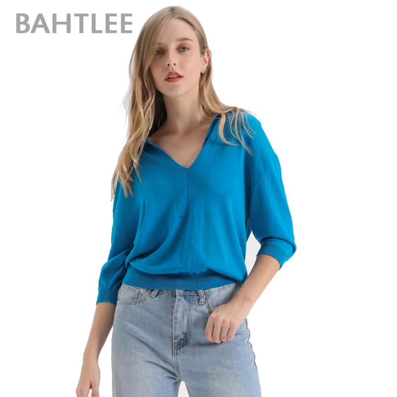 

BAHTLEE Summer Women Lyocell Knitted V-Neck Sweaters Half Sleeves Turn-down Collar Loose Pullovers Jumper