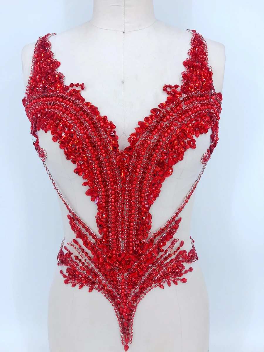 handmade red  sew on rhinestones applique on mesh  crystals trim patches 56*44cm for dress DIY   accessories