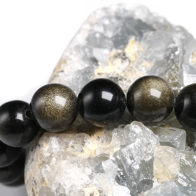 Genuine Black Gold Obsidian Women Men Stretch Powerful Bracelets 6 8 10 12mm  Gemstone Round Beads Natural Stone Bracelet Gift