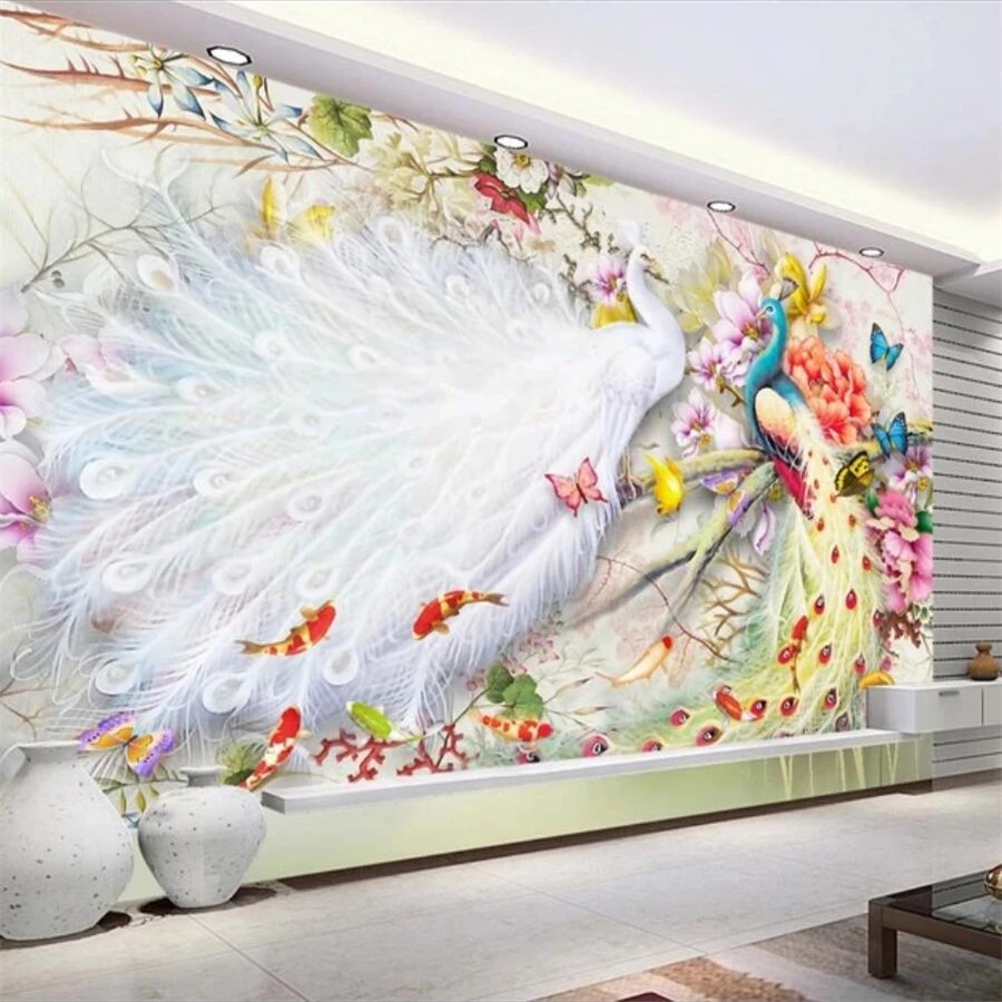 

beibehang Custom wallpaper 3d photo mural rich bird watercolor peacock peony figure flower bird Chinese TV background wall paper