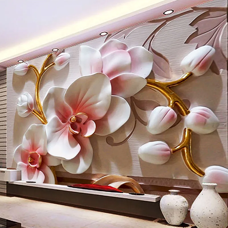 Papier Peint Mural 3D à Motif de Fleurs d'Orchidées en Relief, Personnalisé, Toutes Tailles, pour Salon, TV, Canapé, Arrière-Plan, Décoration de Maison, Fresque