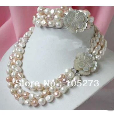 

Elegant Natural Pearl Jewelry Set 3Rows 9-12mm White Pink Baroque Freshwater Pearl 18'' Necklace 8'' Bracelet Shell Flower Clasp