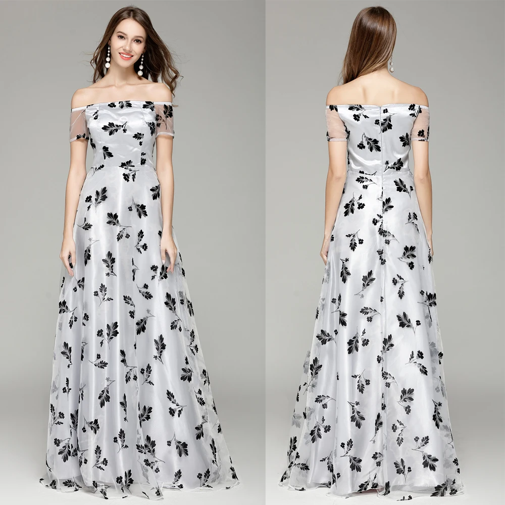 

B0075 New Floral Print Off the Shoulder Organza Short Sleeves Prom Ball Women Formal Maxi Gown Grey Floor-Length Dresses