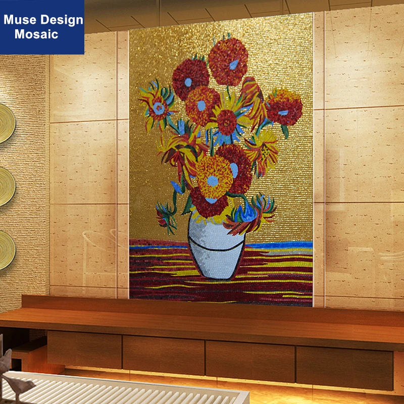 

Customized Mural Mosaic Wall, Van Gogh Sunflower mosaic tiles, Ice Jade Glass Imitate Gold Glass Flooring Ceiling tile