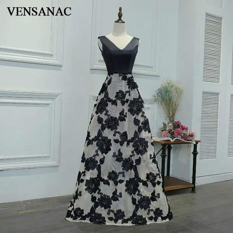 

VENSANAC New 2017 Flowers Embroidery V Neck Long Evening Dresses Sleeveless Elegant Lace Draped Party Prom Ball Gowns