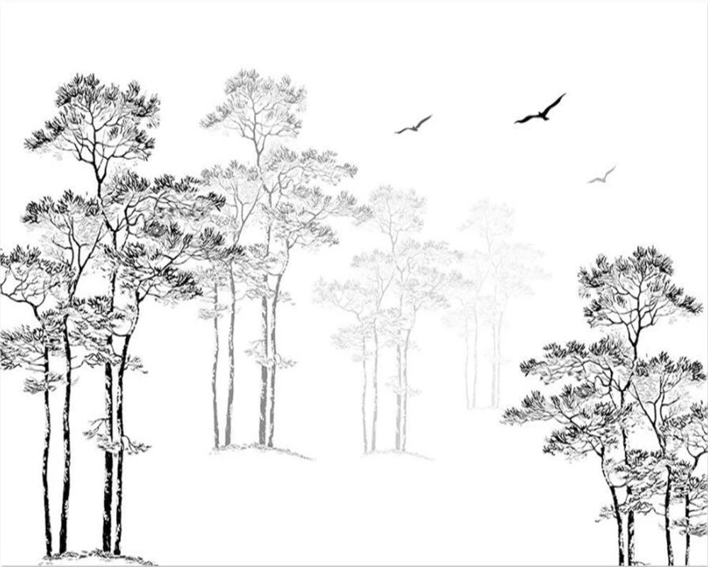 Custom Wallpaper Home Decorative Mural Black & White Sketch Abstract Tree Flying Bird  deer TV Background walls 3d wallpaper