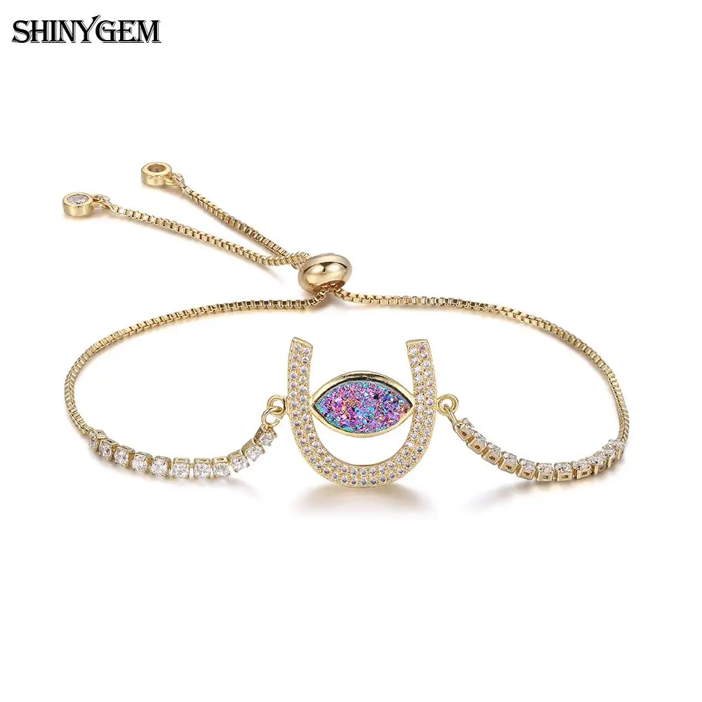 

ShinyGem Horseshoe Druzy Charm Opal Crystal Eye Bracelets Adjustable Gold Chain For Women