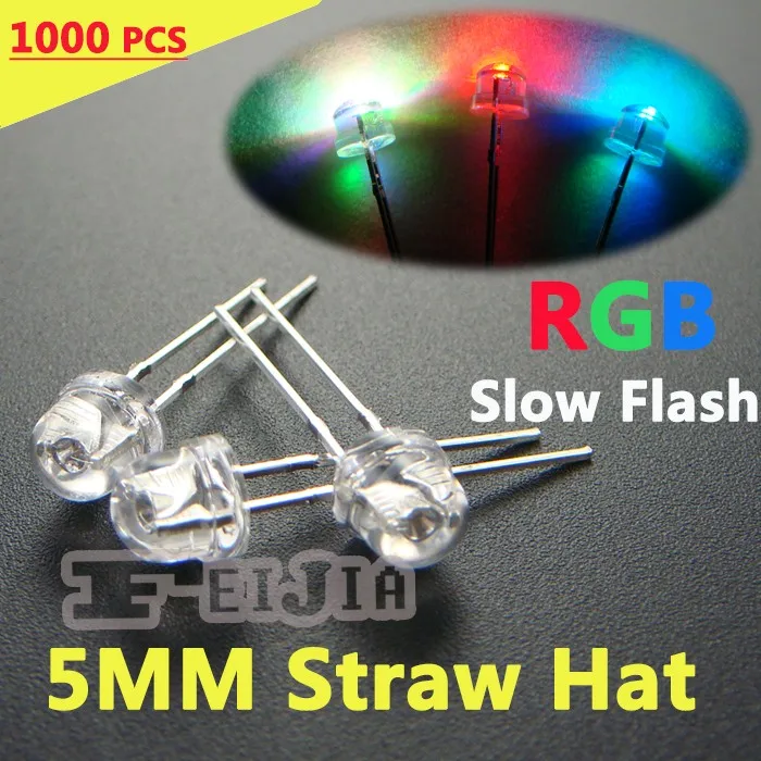 1000 pcs 5mm Superbright Transparent Straw Hat LED RGB Slow Flash Automatic 5 mm DIP Light Emitting Diode LED  Lndicator lights