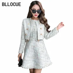 BLLOCUE 2021 Autumn Runway Tweed 2 Piece Set Dress Designer Winter Women White Short Jacket Coat + Mini Tank Tassel Wool Suits