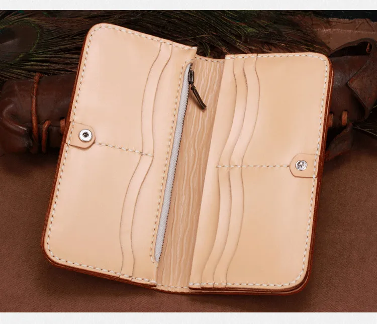 Women Genuine Leather Card Holder Wallets Hand Engraving Chinese Dragon Bag Purses Men Clutch Vegetable Tanned Leather Wallet