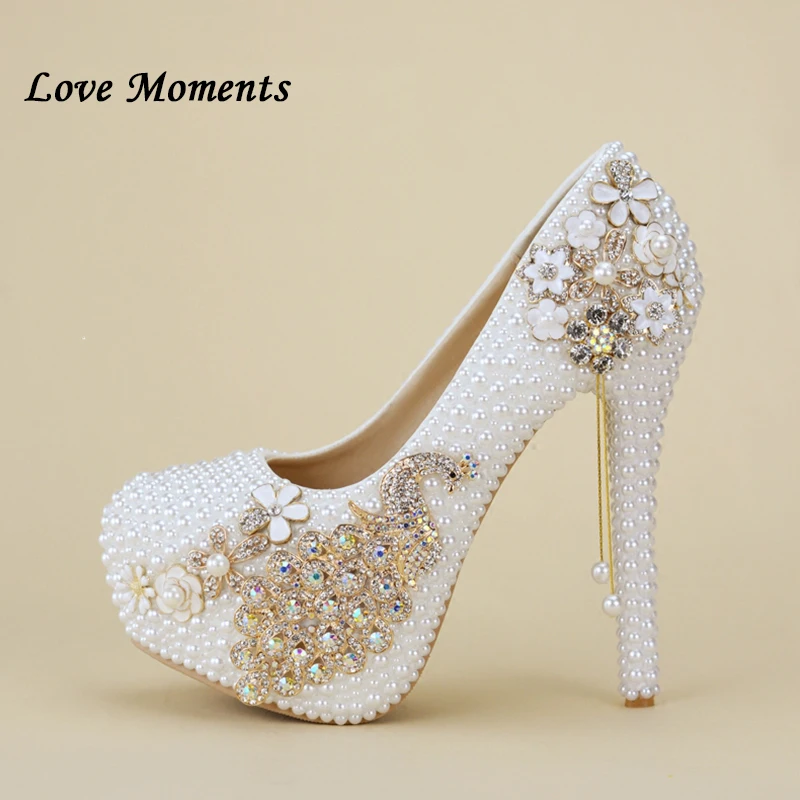 Crystal wedding shoes pearl handmade bridal shoes women\'s Pumps peacock rhinestone female high heels platform shoes big size