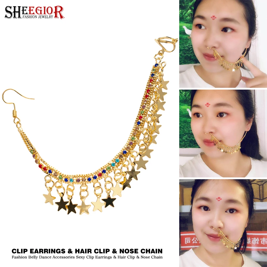 Indian Golden Star Dangle Earrings for Women Girl's Nose Accessories Ethnic Sexy Crystal Chain Drop Clip Earring Fashion Jewelry