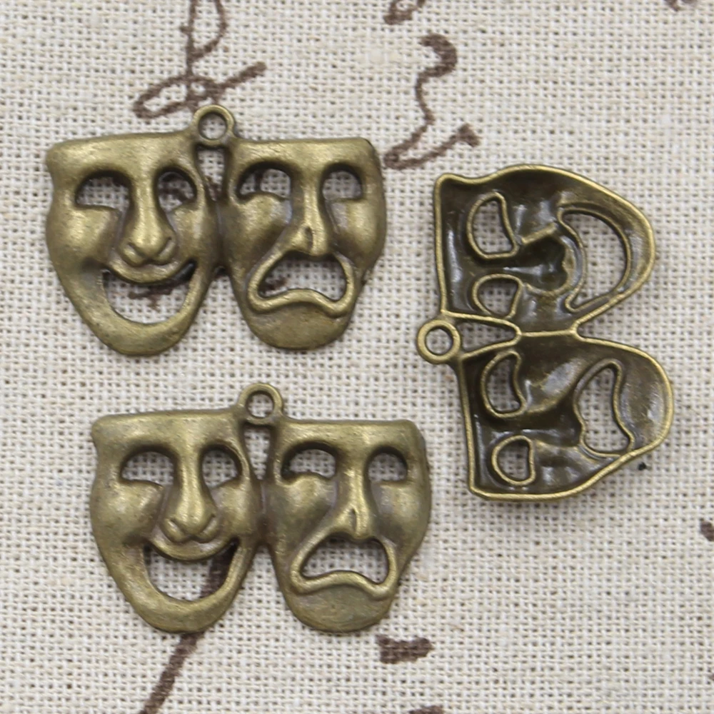 8pcs Charms Comedy Tragedy Masks 31x23mm Handmade Craft Pendant Making fit,Vintage Tibetan Bronze Silver color,DIY For Necklace