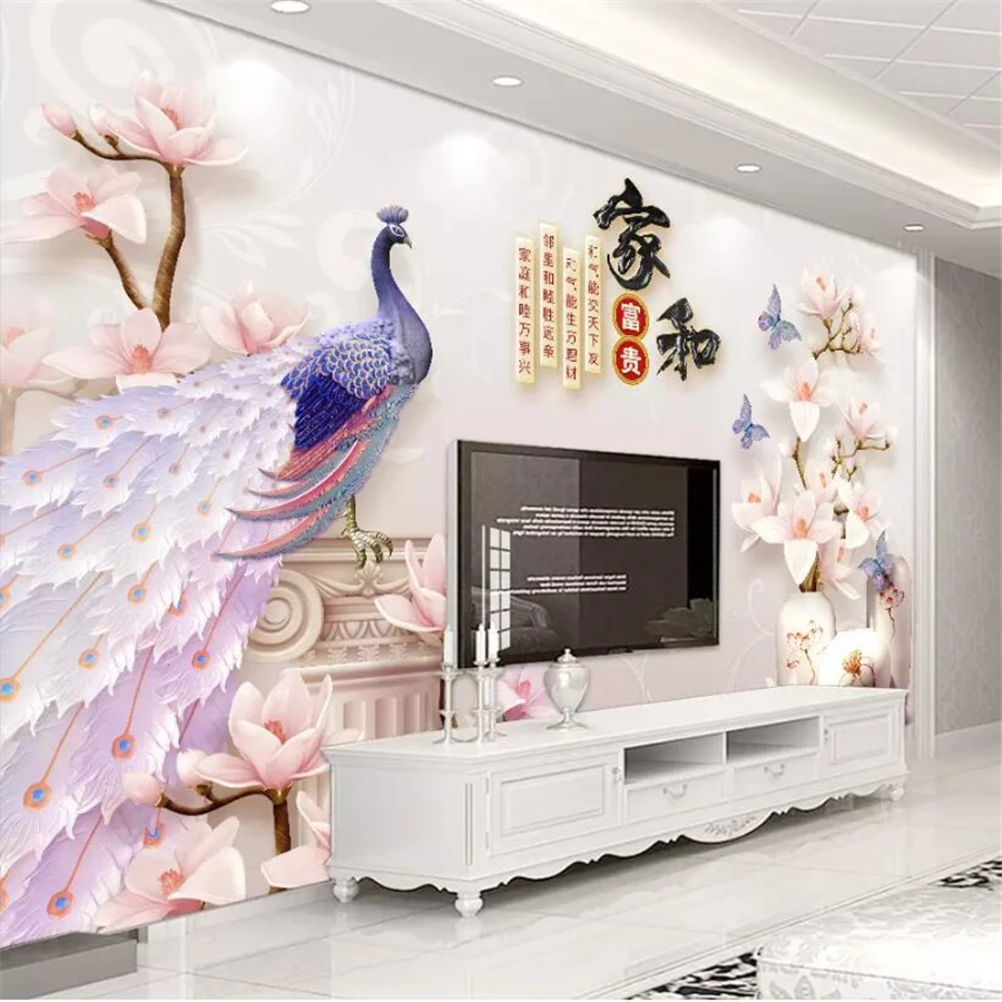 

wellyu new Custom wallpaper 3d обои home and rich embossed peacock magnolia living room TV background wall paper papel de parede